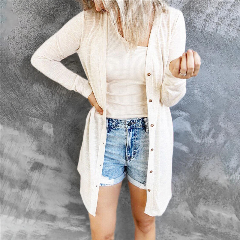 Long Button Solid Color Casual Long-sleeved Cardigan