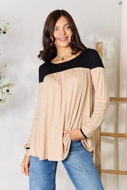 BOMBOM Contrast Long Sleeve Ruched Blouse Luvéillé