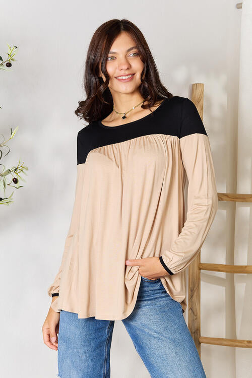 BOMBOM Contrast Long Sleeve Ruched Blouse Luvéillé