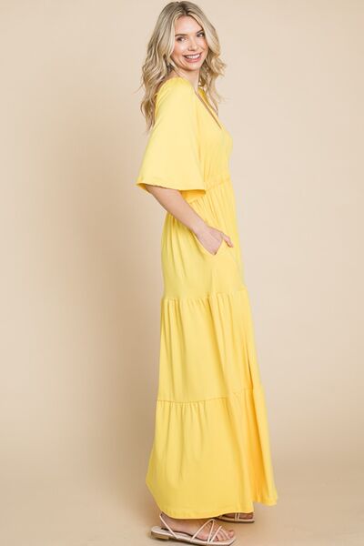 Backless Plunge Half Sleeve Tiered Dress Luvéillé