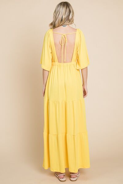 Backless Plunge Half Sleeve Tiered Dress Luvéillé