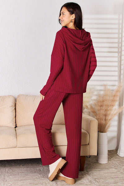 Basic Bae Full Size Ribbed Drawstring Hood Top and Straight Pants Set Luvéillé