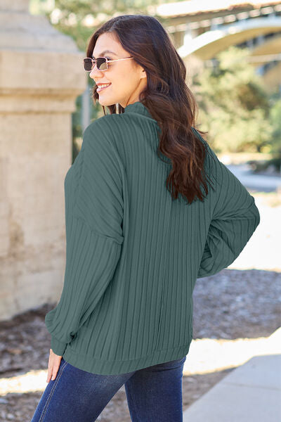 Basic Bae Full Size Ribbed Exposed Seam Mock Neck Knit Top Luvéillé