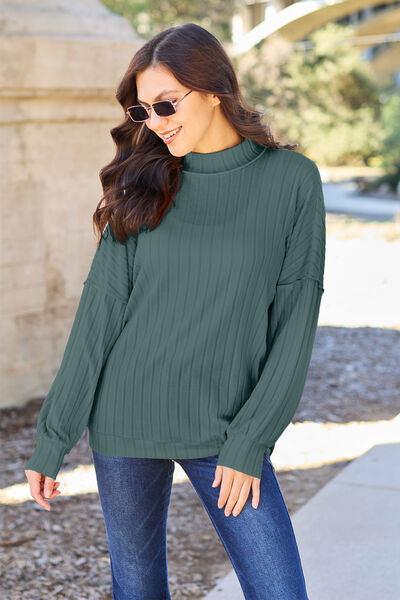 Basic Bae Full Size Ribbed Exposed Seam Mock Neck Knit Top Luvéillé