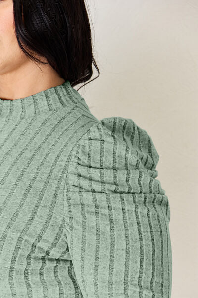 Basic Bae Full Size Ribbed Mock Neck Puff Sleeve T-Shirt Luvéillé