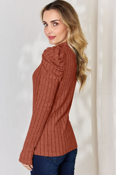Basic Bae Full Size Ribbed Mock Neck Puff Sleeve T-Shirt Luvéillé