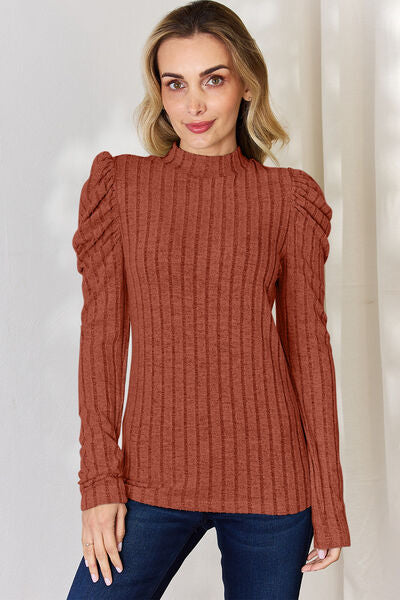 Basic Bae Full Size Ribbed Mock Neck Puff Sleeve T-Shirt Luvéillé