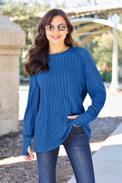 Basic Bae Full Size Ribbed Round Neck Long Sleeve Knit Top Luvéillé