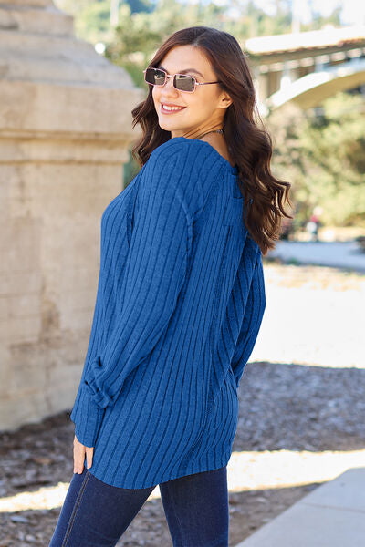 Basic Bae Full Size Ribbed Round Neck Long Sleeve Knit Top Luvéillé