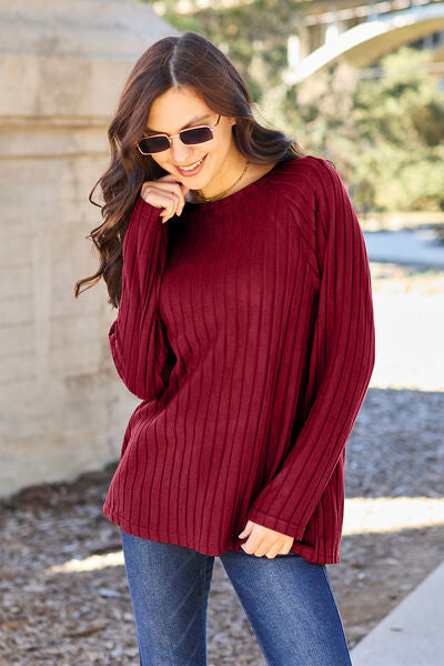 Basic Bae Full Size Ribbed Round Neck Long Sleeve Knit Top Luvéillé