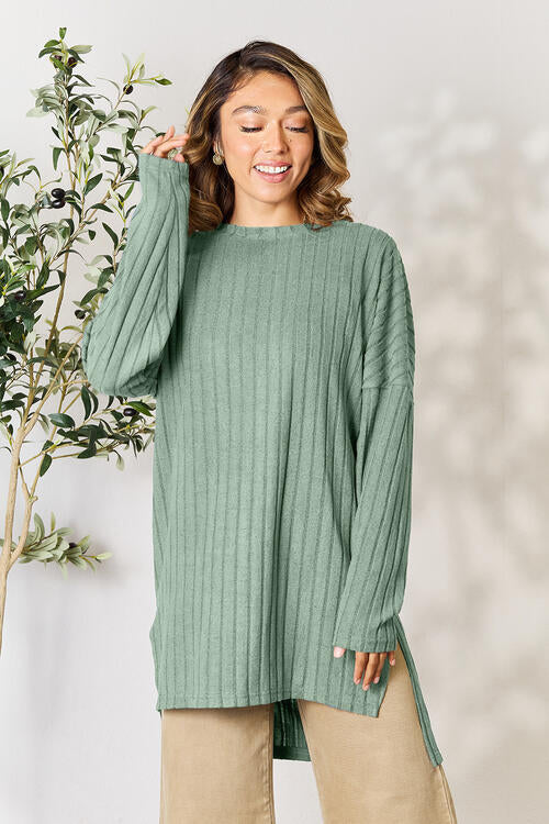 Basic Bae Full Size Ribbed Round Neck Long Sleeve Slit Top Luvéillé