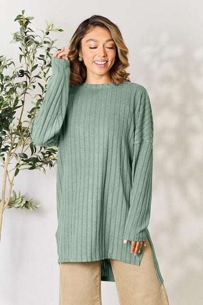 Basic Bae Full Size Ribbed Round Neck Long Sleeve Slit Top Luvéillé