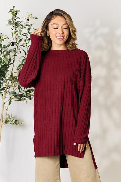 Basic Bae Full Size Ribbed Round Neck Long Sleeve Slit Top Luvéillé