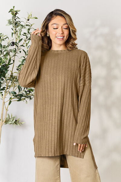 Basic Bae Full Size Ribbed Round Neck Long Sleeve Slit Top Luvéillé