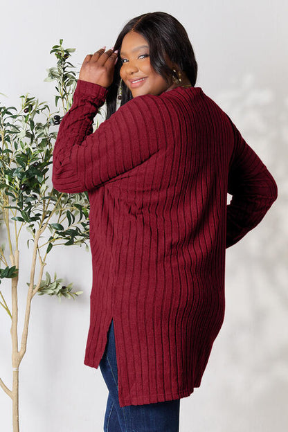 Basic Bae Full Size Ribbed Round Neck Long Sleeve Slit Top Luvéillé