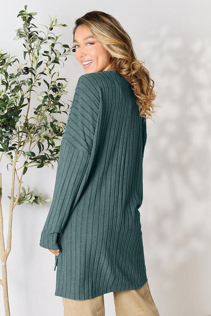 Basic Bae Full Size Ribbed Round Neck Long Sleeve Slit Top Luvéillé