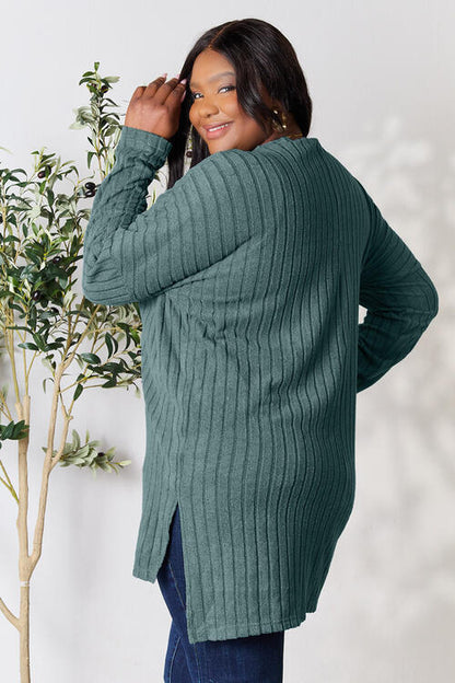 Basic Bae Full Size Ribbed Round Neck Long Sleeve Slit Top Luvéillé
