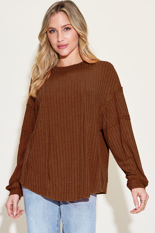 Basic Bae Full Size Ribbed Round Neck Long Sleeve T-Shirt Luvéillé