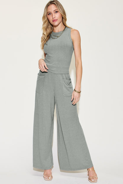 Basic Bae Full Size Ribbed Tank and Wide Leg Pants Set Luvéillé