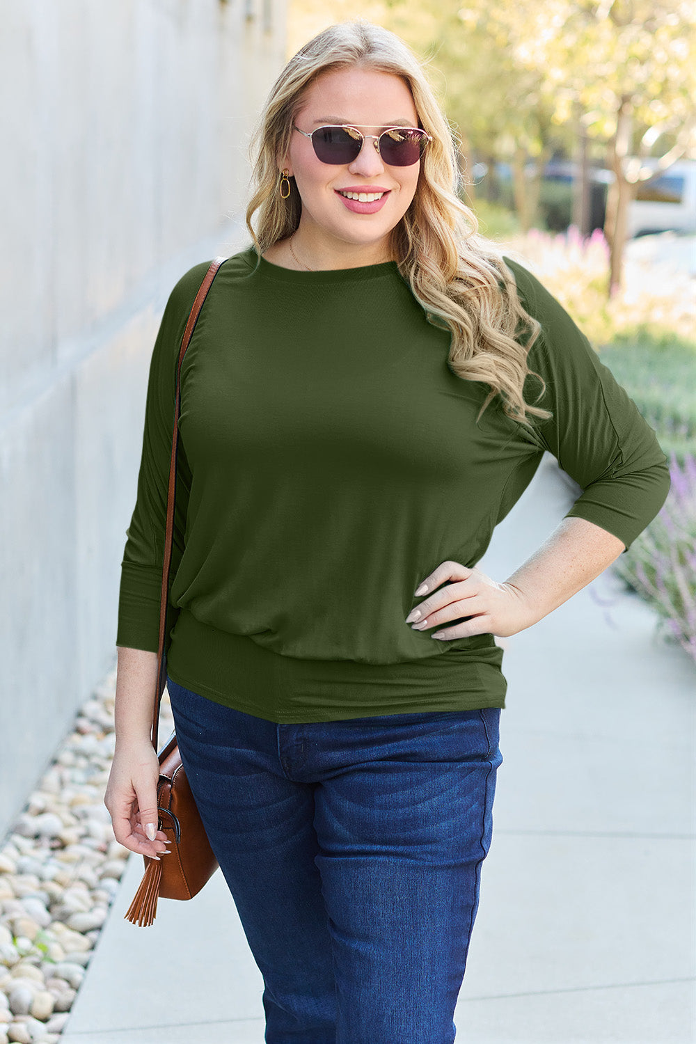 Basic Bae Full Size Round Neck Batwing Sleeve Blouse Luvéillé