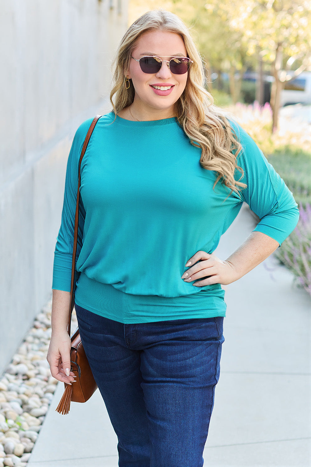 Basic Bae Full Size Round Neck Batwing Sleeve Blouse Luvéillé