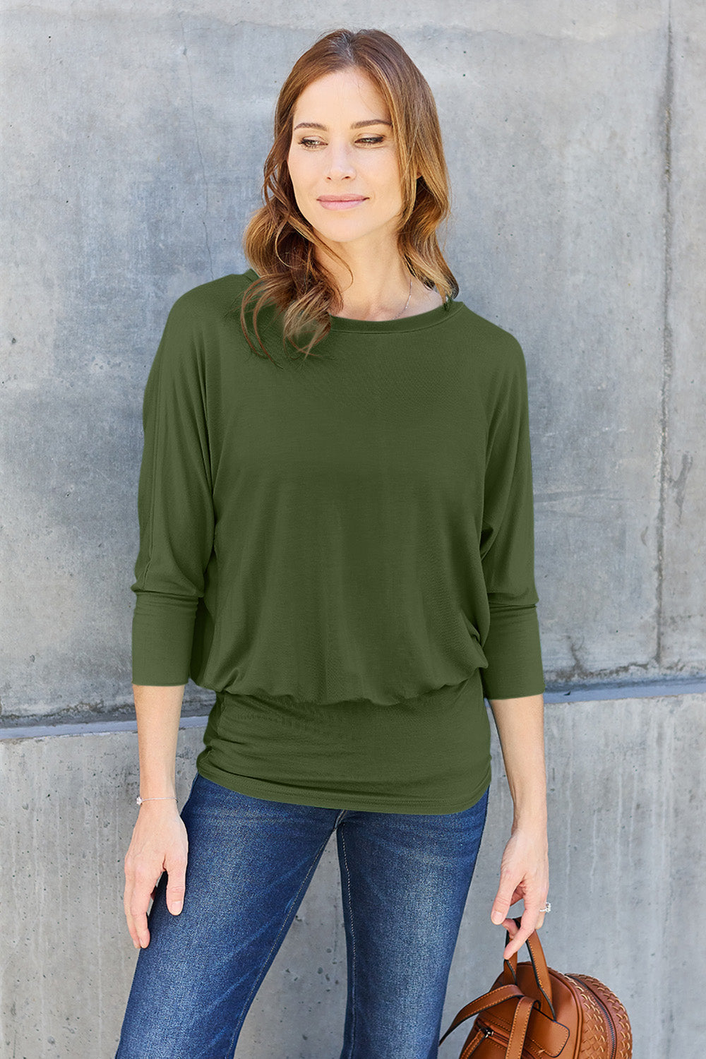 Basic Bae Full Size Round Neck Batwing Sleeve Blouse Luvéillé