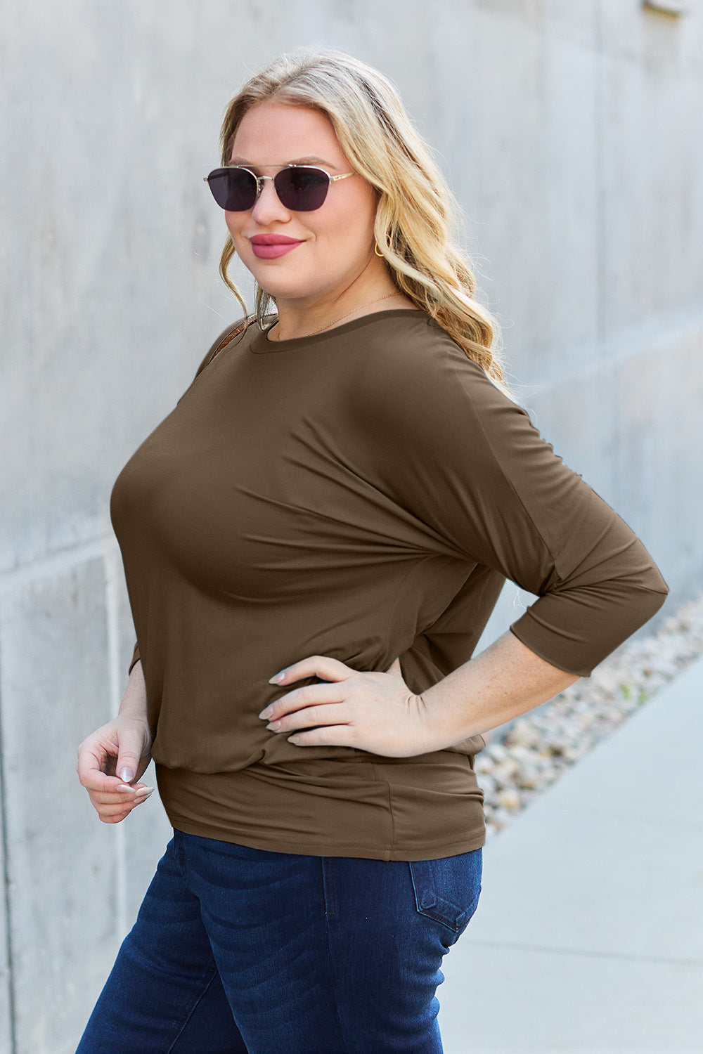 Basic Bae Full Size Round Neck Batwing Sleeve Blouse Luvéillé