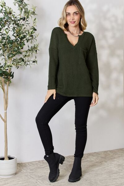 BiBi Notched Popcorn Waffle Long Sleeve Top Luvéillé