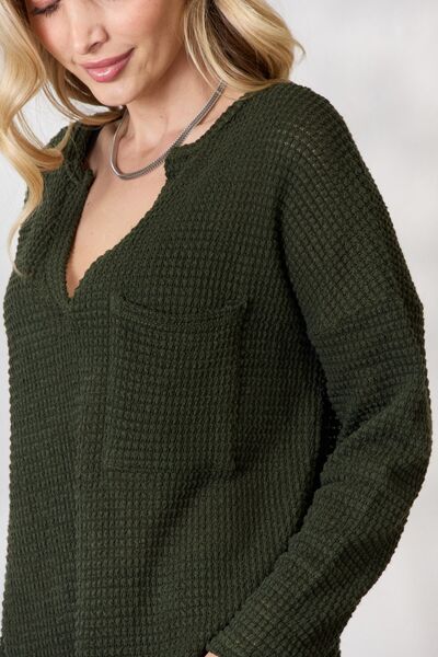 BiBi Notched Popcorn Waffle Long Sleeve Top Luvéillé