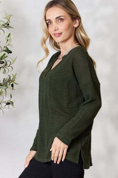 BiBi Notched Popcorn Waffle Long Sleeve Top Luvéillé