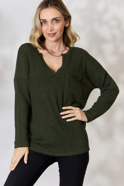 BiBi Notched Popcorn Waffle Long Sleeve Top Luvéillé