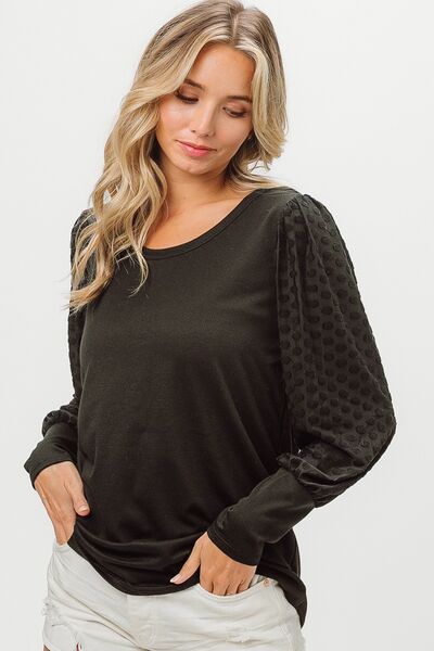 BiBi Round Neck Polka Dot Lantern Sleeve Top Luvéillé