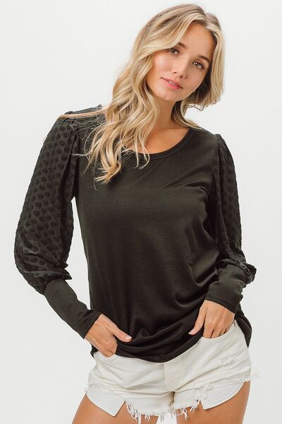 BiBi Round Neck Polka Dot Lantern Sleeve Top Luvéillé