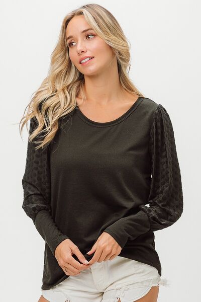 BiBi Round Neck Polka Dot Lantern Sleeve Top Luvéillé