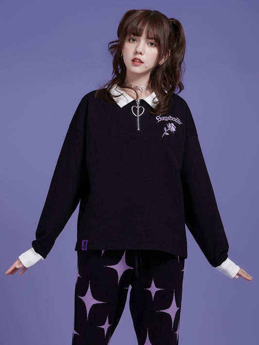 Black Rose Loose Embroidered Long Sleeve Top Luvéillé