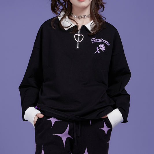 Black Rose Loose Embroidered Long Sleeve Top Luvéillé