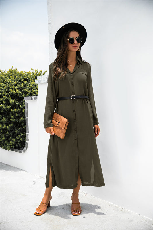 Button Down Side Slit Shirt Dress Luvéillé