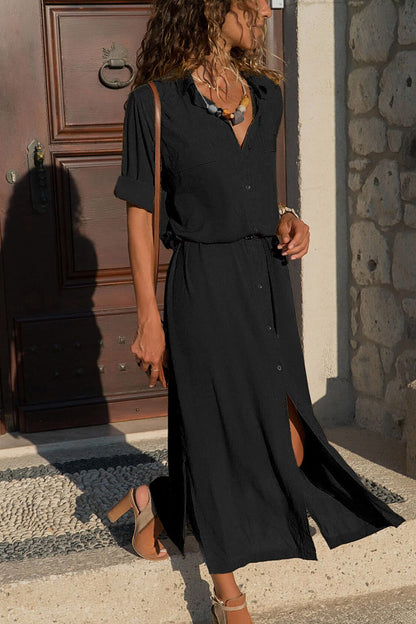 Button Down Side Slit Shirt Dress Luvéillé
