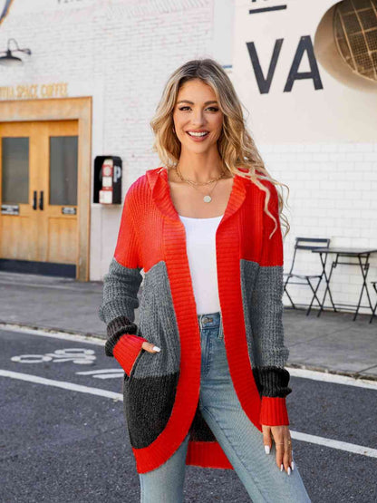 Color Block Open Front Hooded Cardigan Luvéillé