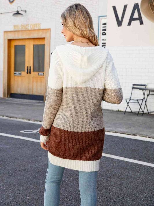 Color Block Open Front Hooded Cardigan Luvéillé
