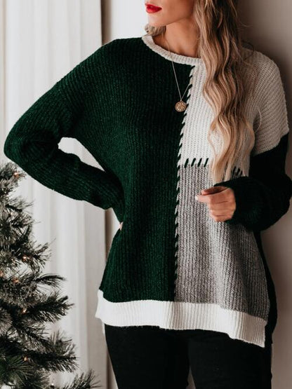 Color Block Round Neck Long Sleeve Sweater Luvéillé