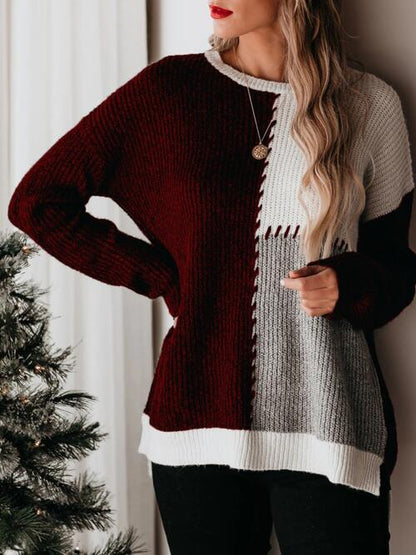 Color Block Round Neck Long Sleeve Sweater Luvéillé