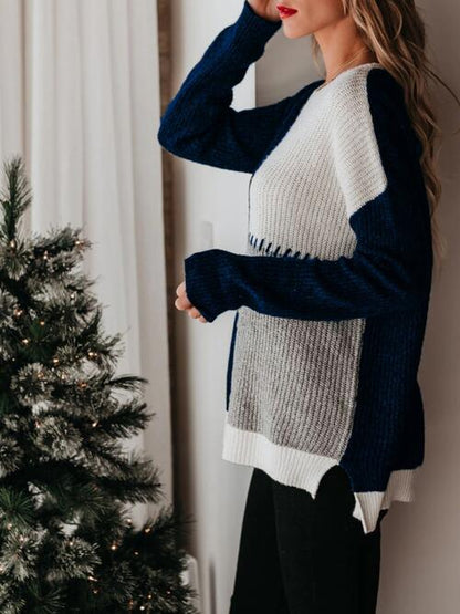 Color Block Round Neck Long Sleeve Sweater Luvéillé