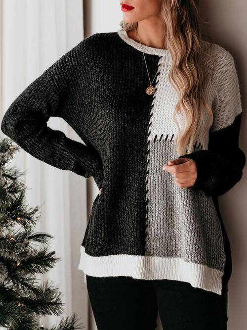 Color Block Round Neck Long Sleeve Sweater Luvéillé