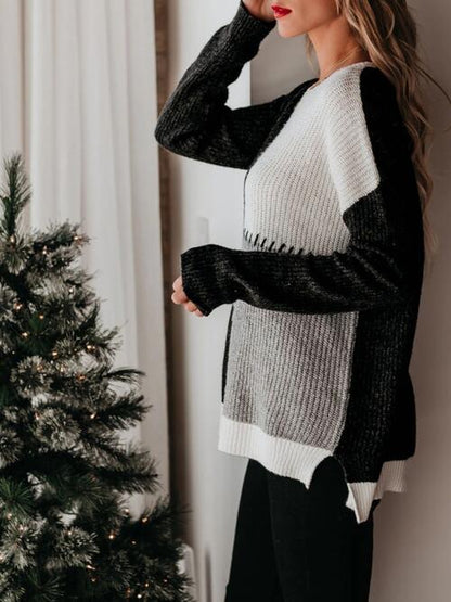 Color Block Round Neck Long Sleeve Sweater Luvéillé