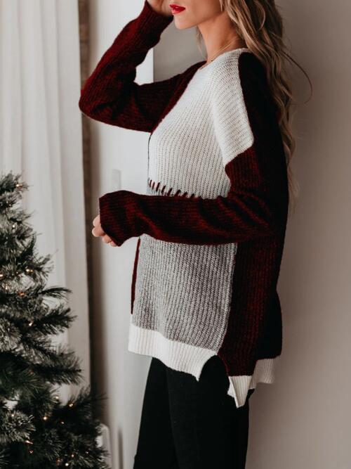 Color Block Round Neck Long Sleeve Sweater Luvéillé