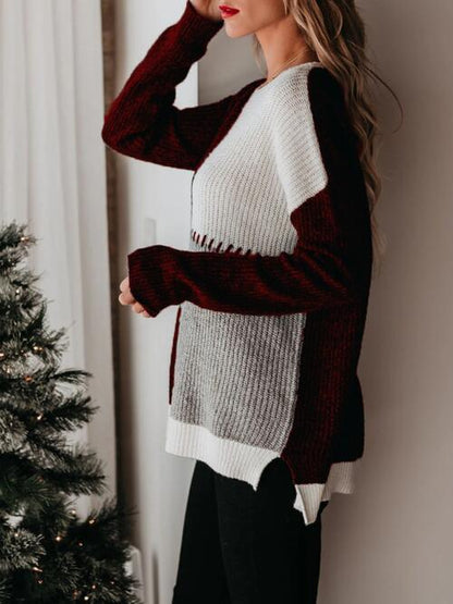 Color Block Round Neck Long Sleeve Sweater Luvéillé