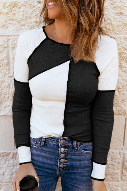 Color Block Round Neck Long Sleeve T-Shirt Luvéillé
