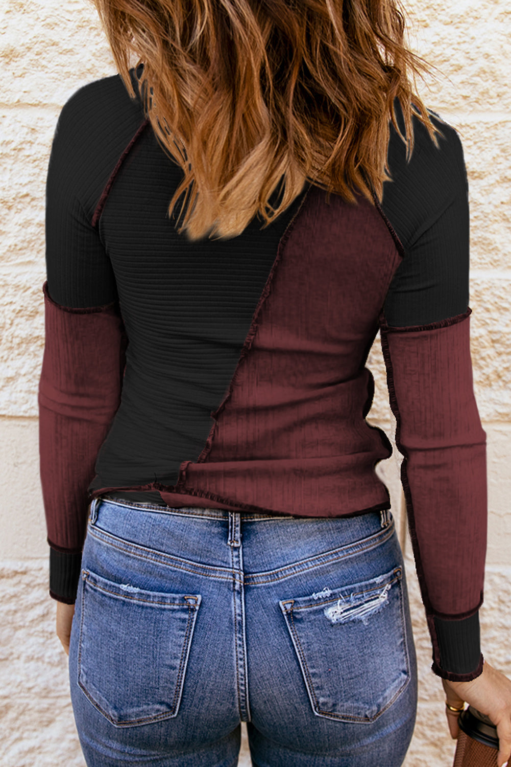 Color Block Round Neck Long Sleeve T-Shirt Luvéillé