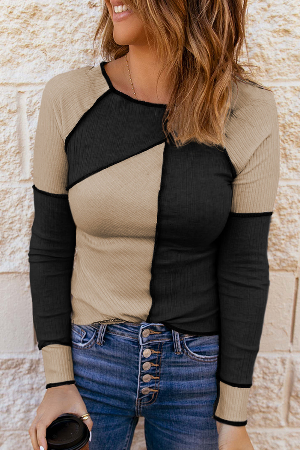 Color Block Round Neck Long Sleeve T-Shirt Luvéillé
